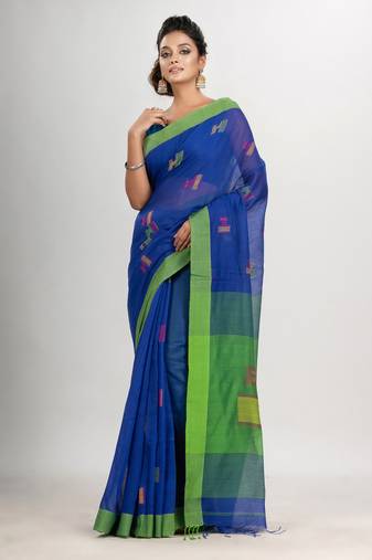 Royal blue cotton blend all body laptop motive with pallu green jamdani saree
