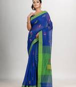 Royal blue cotton blend all body laptop motive with pallu green jamdani saree