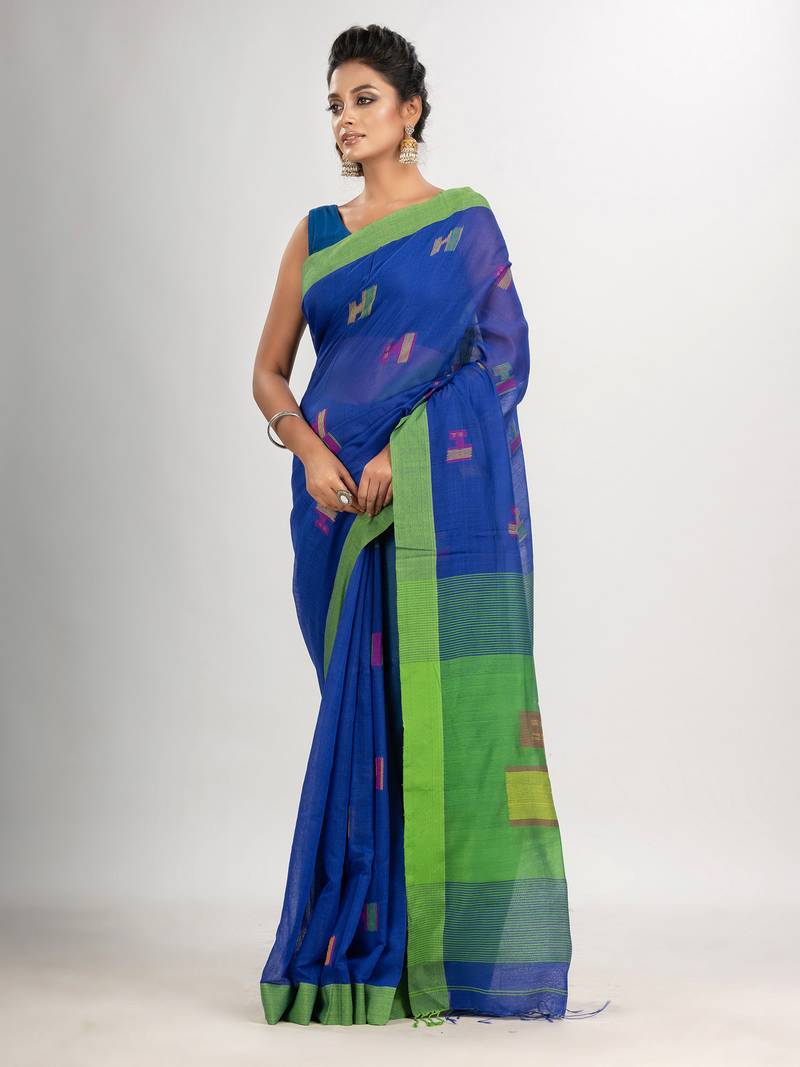 Royal blue cotton blend all body laptop motive with pallu green jamdani saree