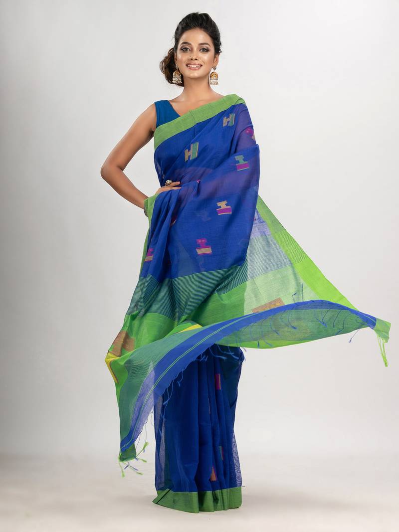 Royal blue cotton blend all body laptop motive with pallu green jamdani saree