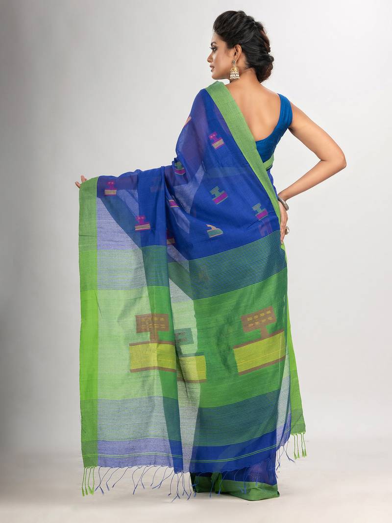 Royal blue cotton blend all body laptop motive with pallu green jamdani saree