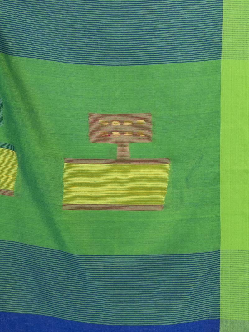 Royal blue cotton blend all body laptop motive with pallu green jamdani saree