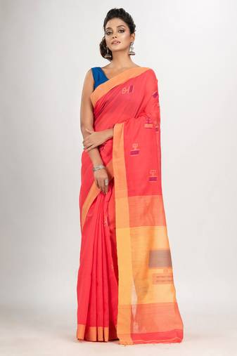 Pastel red cotton blend all body laptop motive with pallu light yellow jamdani saree