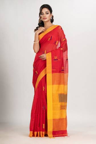 Red cotton blend all body laptop motive with pallu yellow jamdani saree