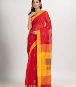 Red cotton blend all body laptop motive with pallu yellow jamdani saree