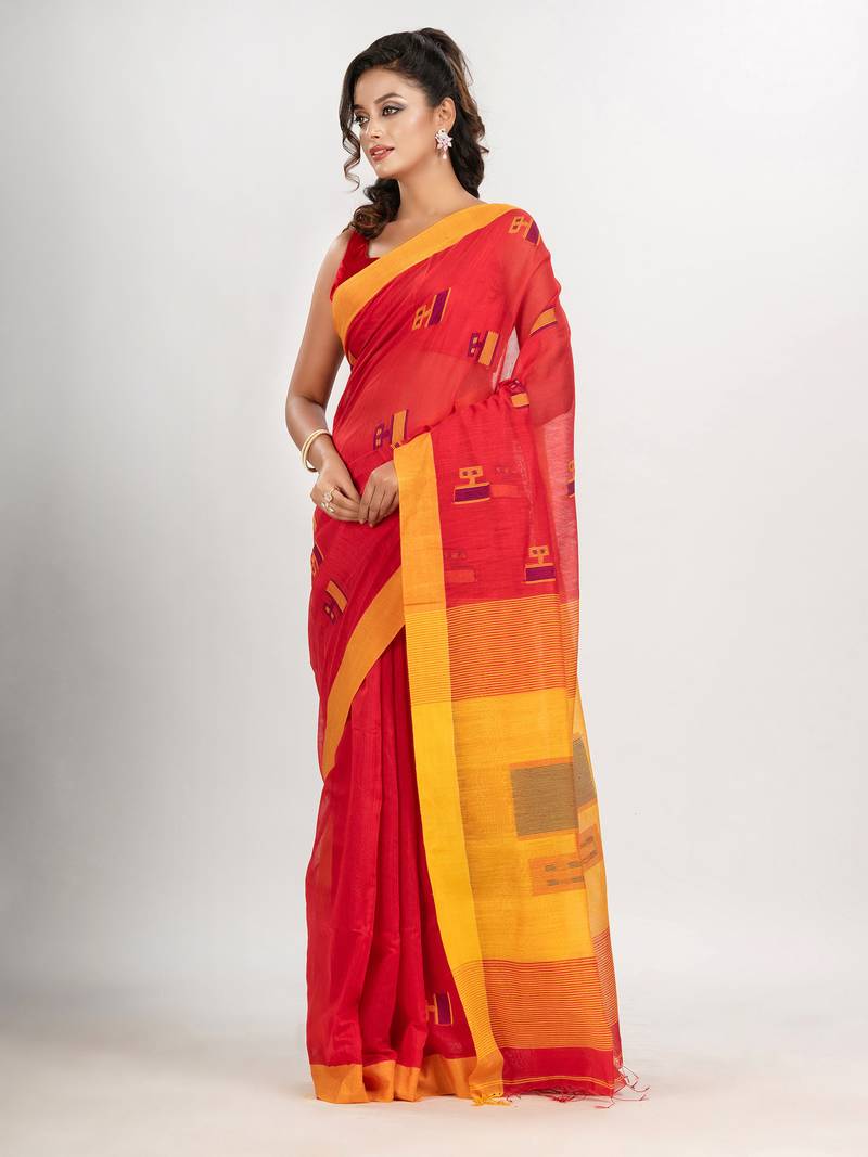 Red cotton blend all body laptop motive with pallu yellow jamdani saree