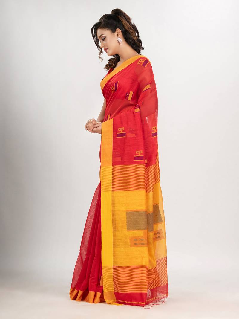 Red cotton blend all body laptop motive with pallu yellow jamdani saree