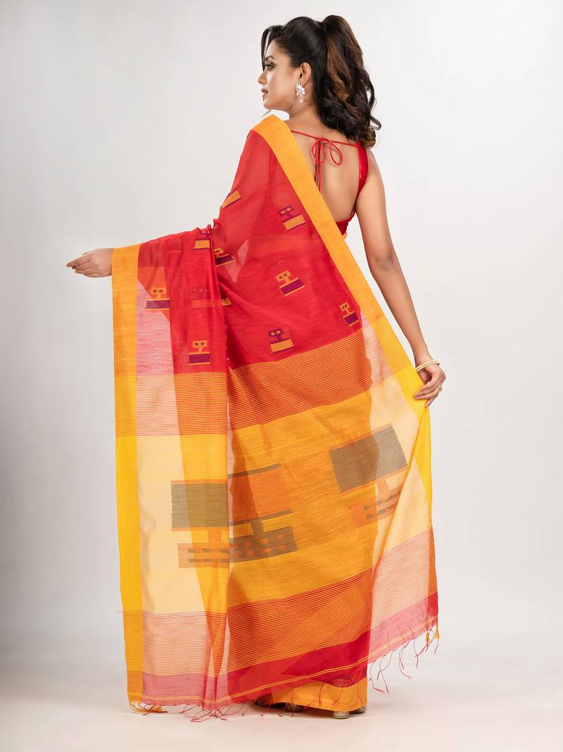 Red cotton blend all body laptop motive with pallu yellow jamdani saree