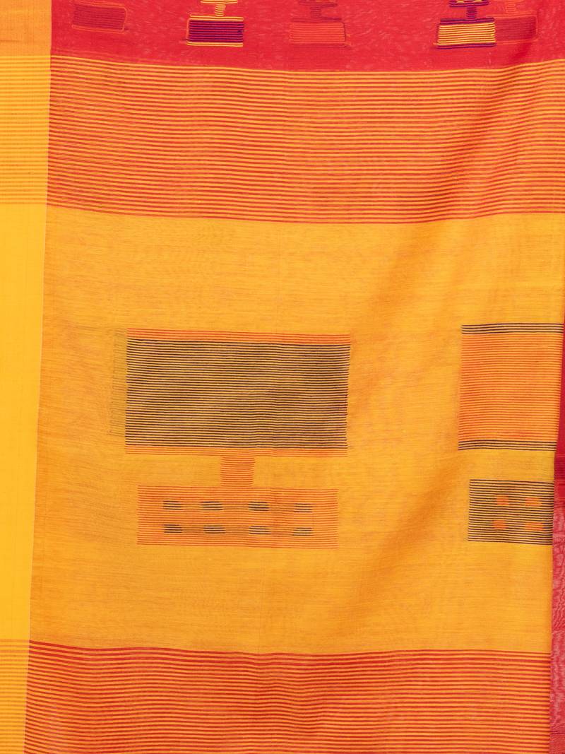 Red cotton blend all body laptop motive with pallu yellow jamdani saree