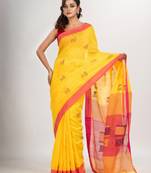 Yellow cotton blend all body laptop motive with pallu red jamdani saree