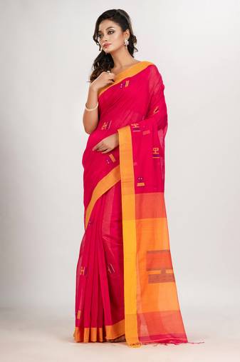 Rani cotton blend all body laptop motive with pallu yellow jamdani saree