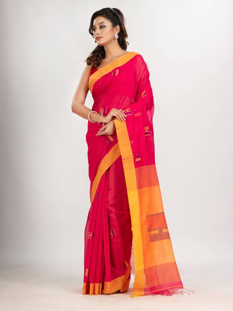 Rani cotton blend all body laptop motive with pallu yellow jamdani saree