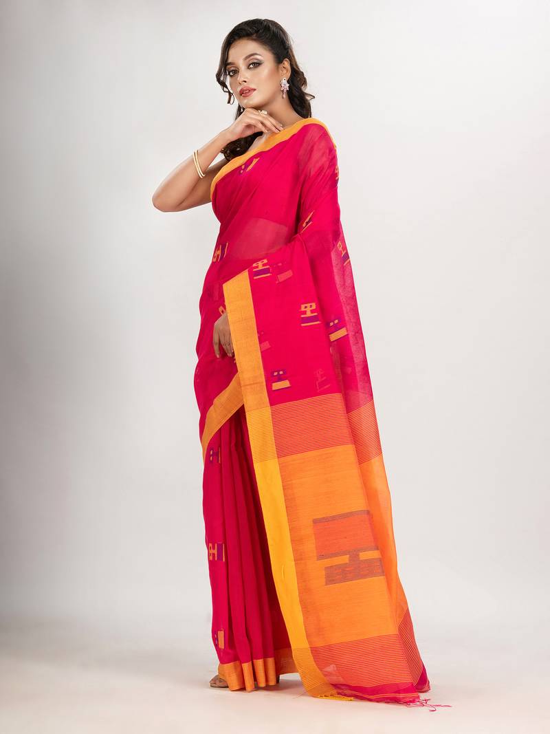 Rani cotton blend all body laptop motive with pallu yellow jamdani saree