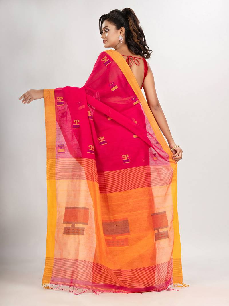 Rani cotton blend all body laptop motive with pallu yellow jamdani saree