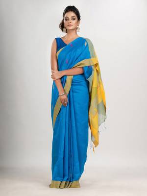 Sky blue cotton blend all body motive with yellow pallu hut motive jamdani saree 1
