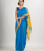 Sky blue cotton blend all body motive with yellow pallu hut motive jamdani saree