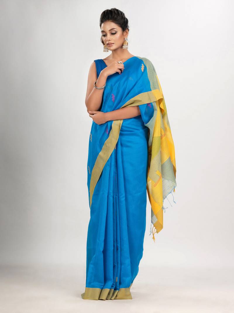 Sky blue cotton blend all body motive with yellow pallu hut motive jamdani saree