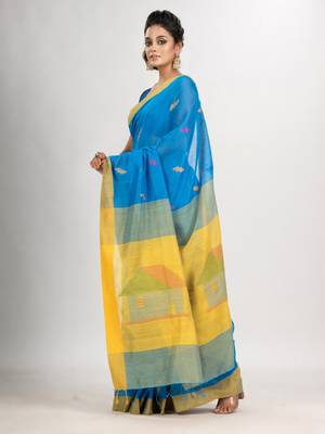 Sky blue cotton blend all body motive with yellow pallu hut motive jamdani saree 3