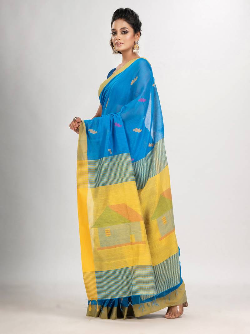 Sky blue cotton blend all body motive with yellow pallu hut motive jamdani saree