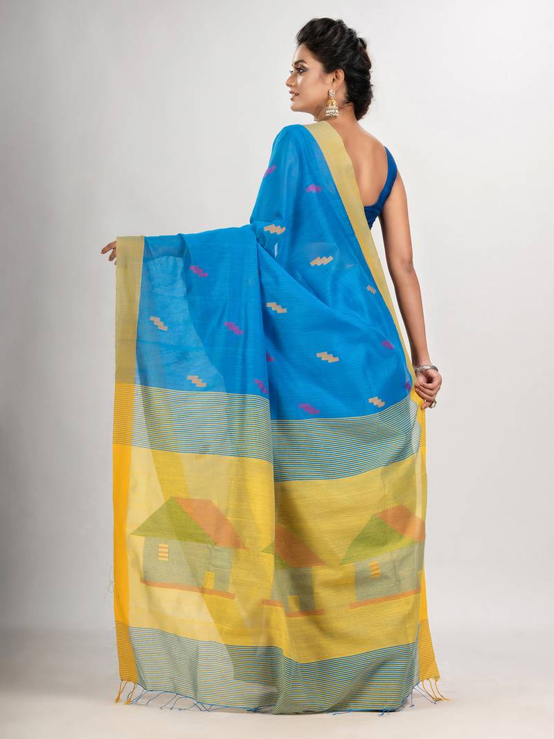 Sky blue cotton blend all body motive with yellow pallu hut motive jamdani saree