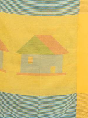 Sky blue cotton blend all body motive with yellow pallu hut motive jamdani saree 6