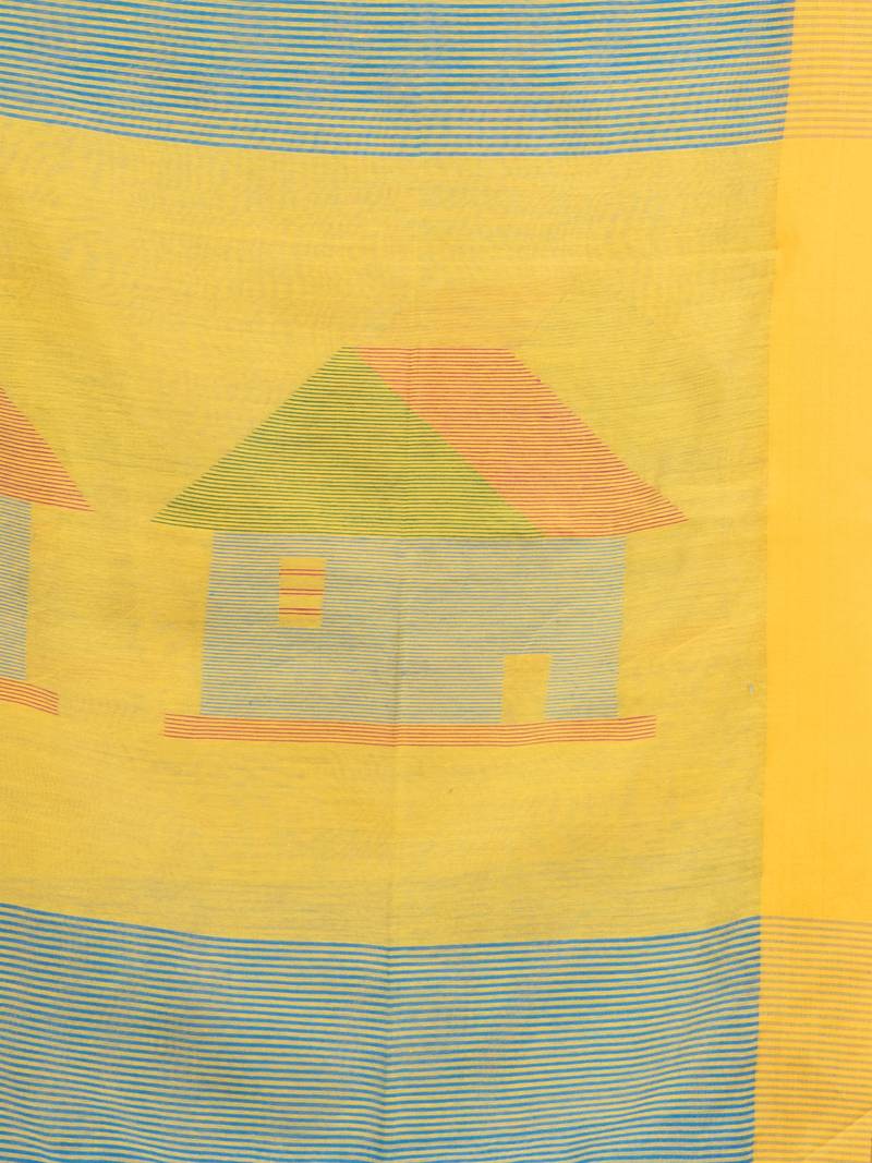 Sky blue cotton blend all body motive with yellow pallu hut motive jamdani saree