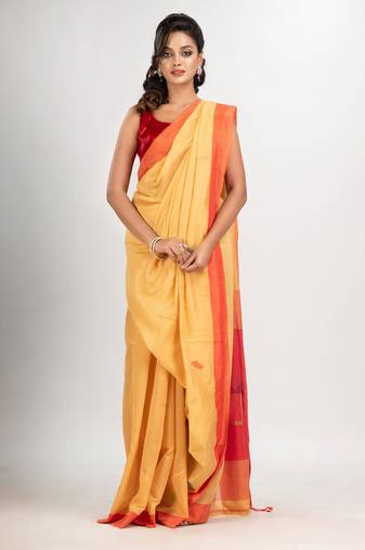 Light yellow cotton blend all body motive with red pallu hut motive jamdani saree