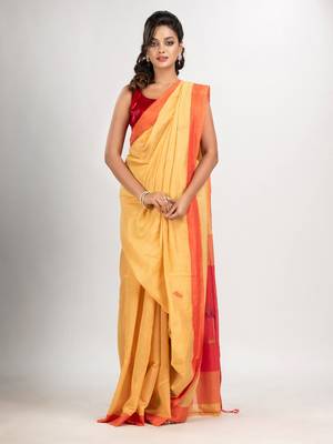 Light yellow cotton blend all body motive with red pallu hut motive jamdani saree 1