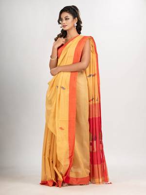 Light yellow cotton blend all body motive with red pallu hut motive jamdani saree 2