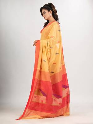 Light yellow cotton blend all body motive with red pallu hut motive jamdani saree 3