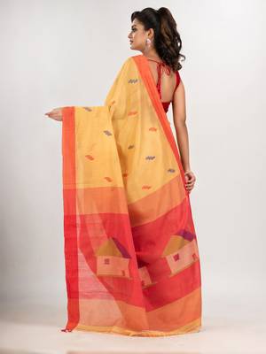 Light yellow cotton blend all body motive with red pallu hut motive jamdani saree 4