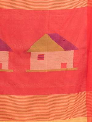 Light yellow cotton blend all body motive with red pallu hut motive jamdani saree 6