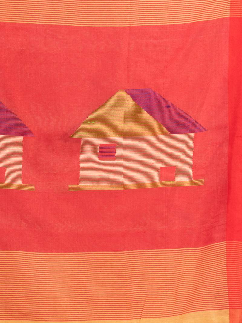Light yellow cotton blend all body motive with red pallu hut motive jamdani saree