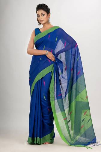 Royal blue cotton blend all body motive with green pallu jamdani saree