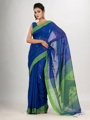 Royal blue cotton blend all body motive with green pallu jamdani saree 1