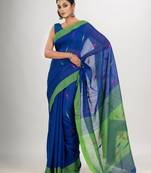 Royal blue cotton blend all body motive with green pallu jamdani saree
