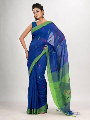Royal blue cotton blend all body motive with green pallu jamdani saree 2