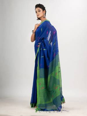 Royal blue cotton blend all body motive with green pallu jamdani saree 3