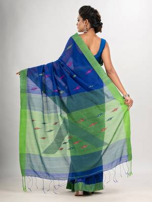 Royal blue cotton blend all body motive with green pallu jamdani saree 4