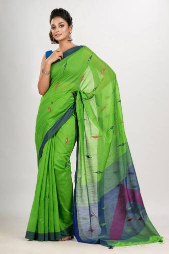 Green cotton blend all body motive with blue pallu jamdani saree