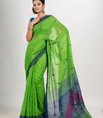 Green cotton blend all body motive with blue pallu jamdani saree