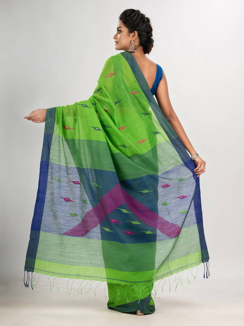 Green cotton blend all body motive with blue pallu jamdani saree
