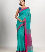 Turquoise cotton blend all body motive with pink pallu jamdani saree