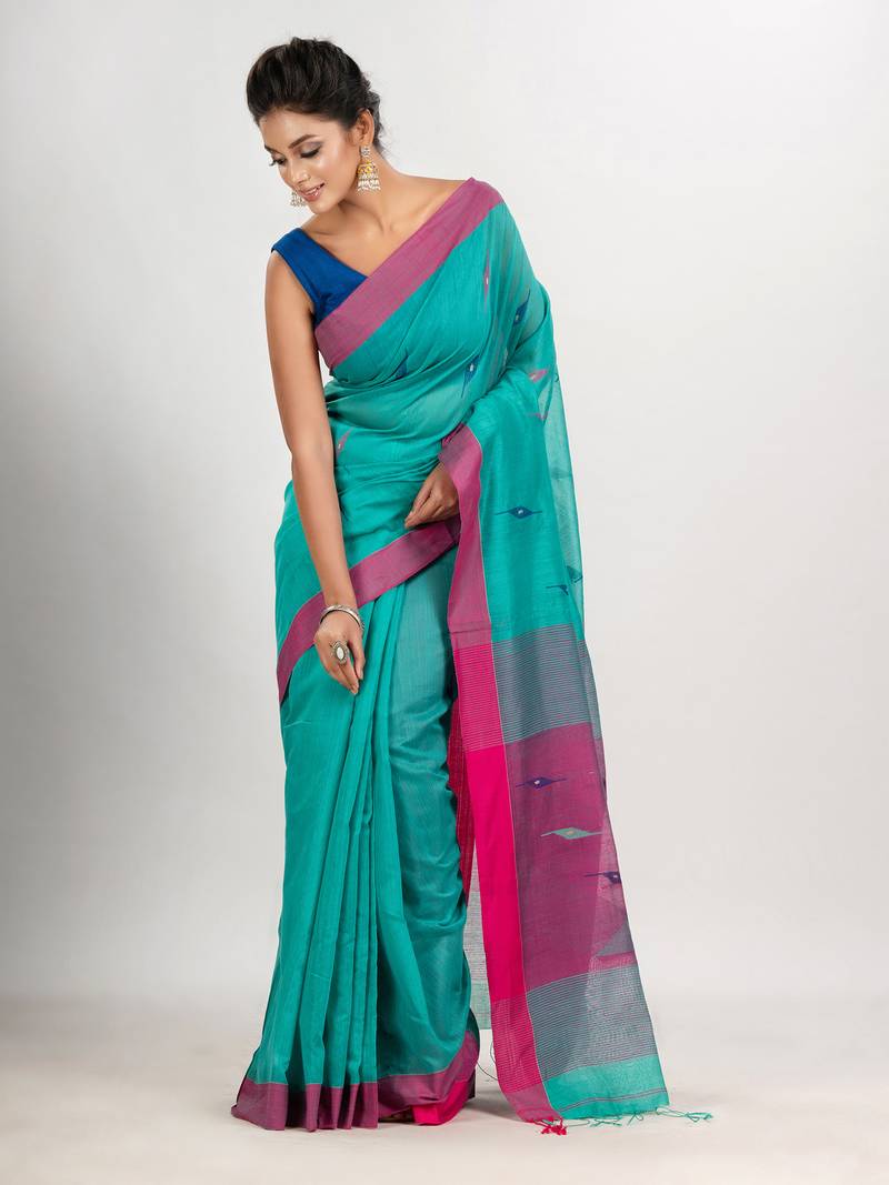 Turquoise cotton blend all body motive with pink pallu jamdani saree