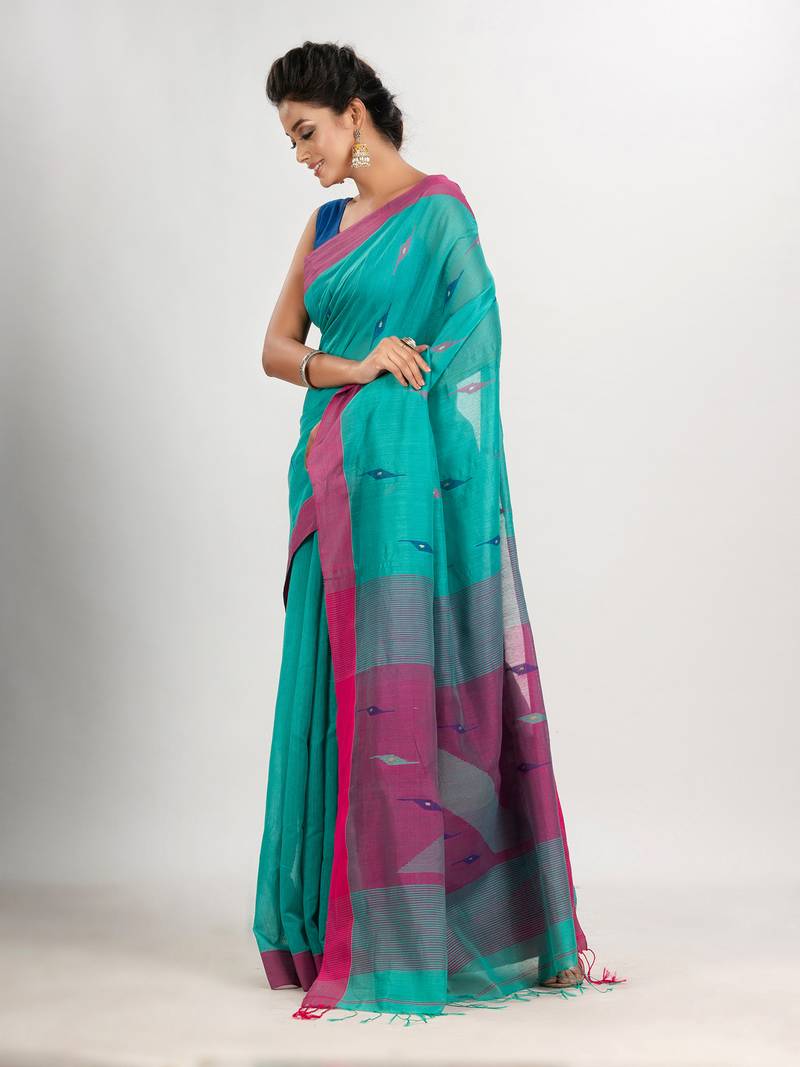 Turquoise cotton blend all body motive with pink pallu jamdani saree