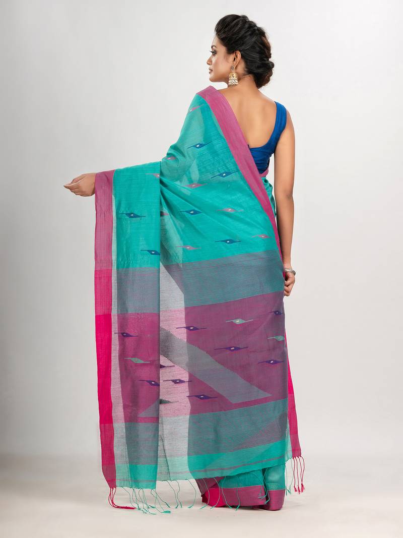 Turquoise cotton blend all body motive with pink pallu jamdani saree