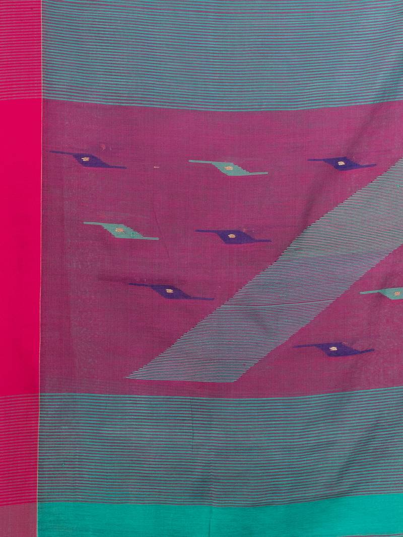 Turquoise cotton blend all body motive with pink pallu jamdani saree