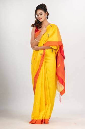 yellow cotton blend all body motive with red pallu jamdani saree