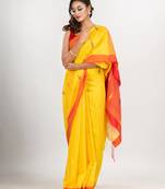 yellow cotton blend all body motive with red pallu jamdani saree