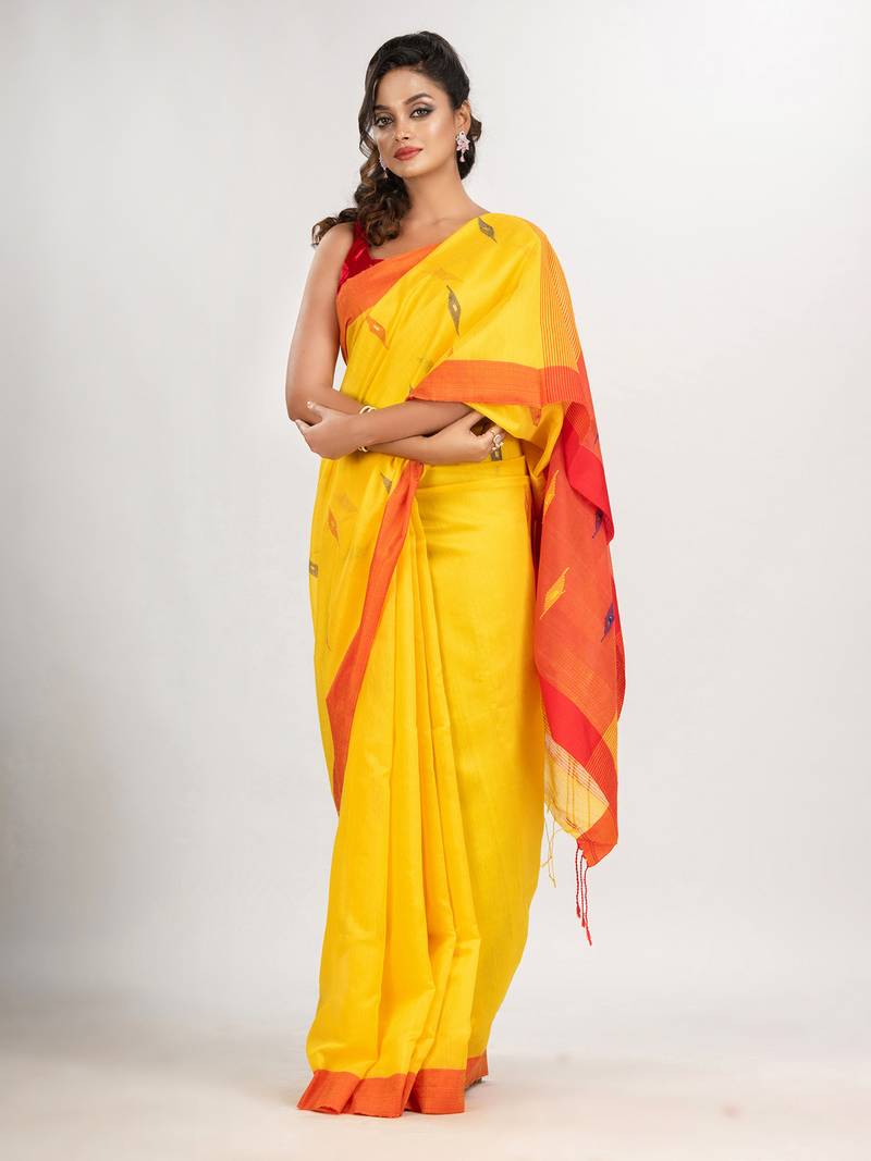 yellow cotton blend all body motive with red pallu jamdani saree